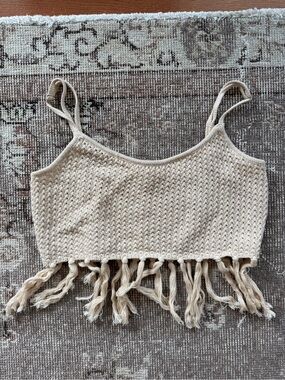 Crochet Fringe Crop Tank Top - Cream